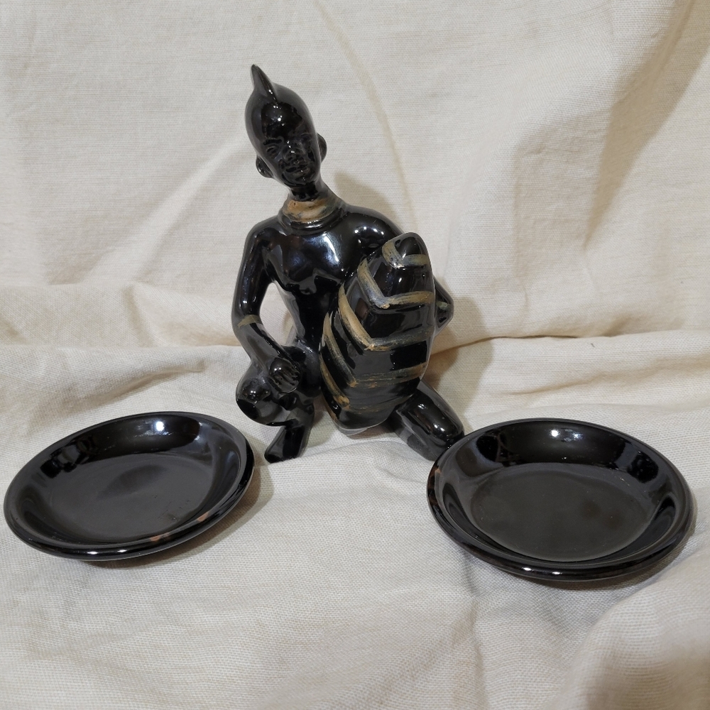 Vintage Mid Century Porcelain African Figurine w/2 Trinket Dishes